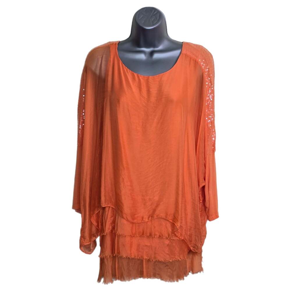 Made in Italy Silk Blend Sequin Lagenlook Tunic Blouse Orange Women's M